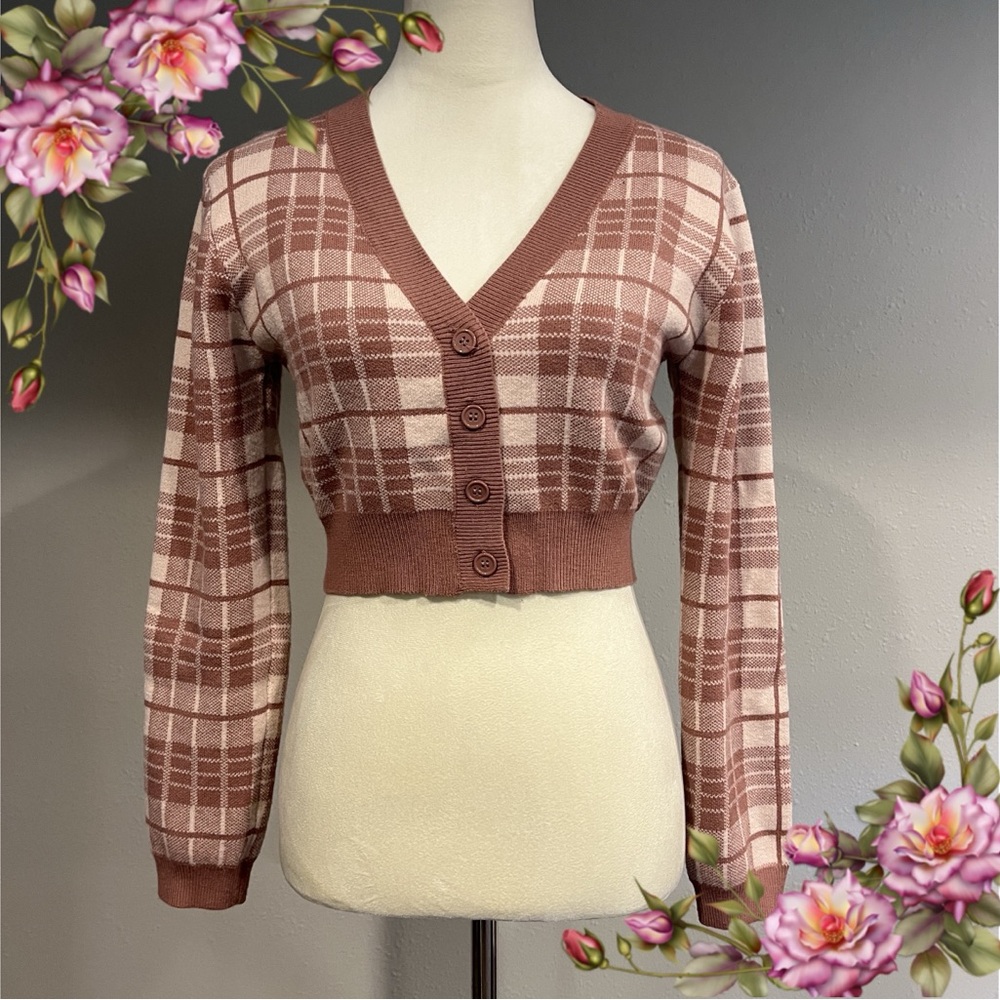 Love Tree Plaid Cardigan in Pink and Cream